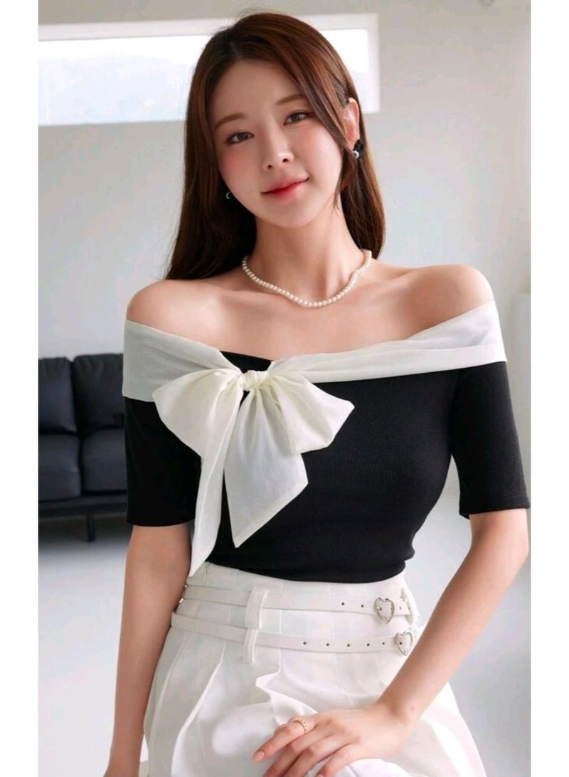 شي إن SHEIN-DAZY Women's Off Shoulder Contrast Color Bow Decor Fitted Short Sleeve T-Shirt Cute Tops,Crop Tops Women - Image 4