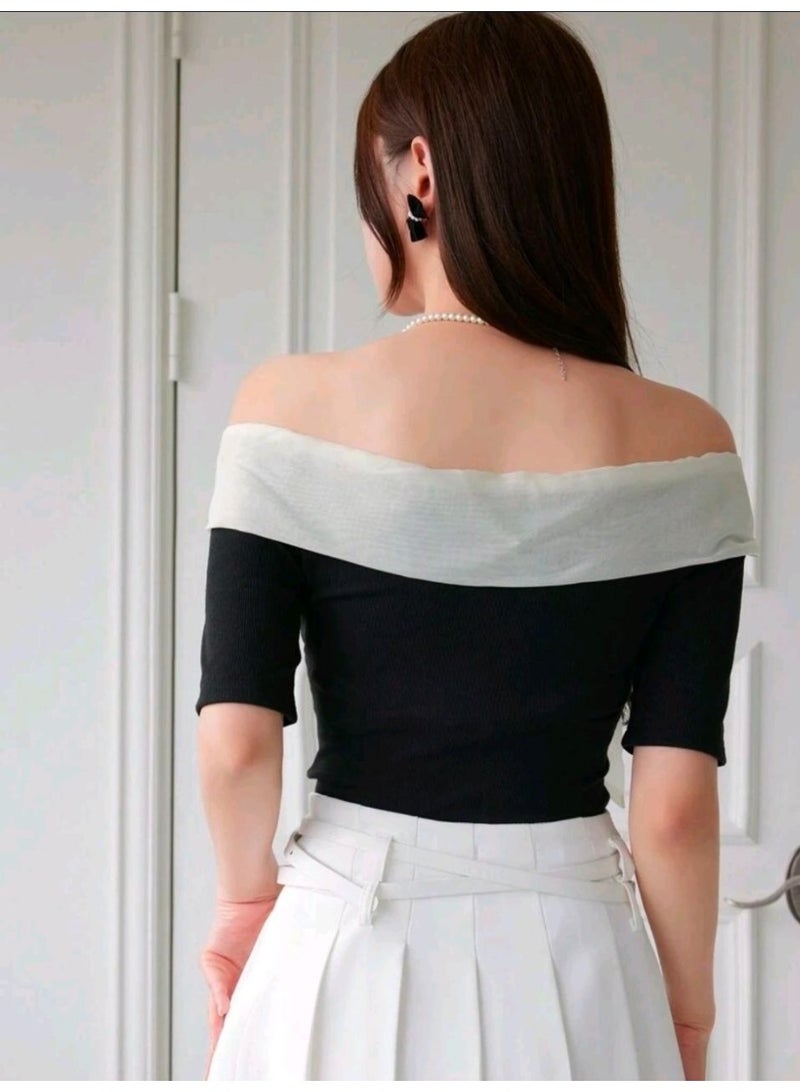 شي إن SHEIN-DAZY Women's Off Shoulder Contrast Color Bow Decor Fitted Short Sleeve T-Shirt Cute Tops,Crop Tops Women - Image 3