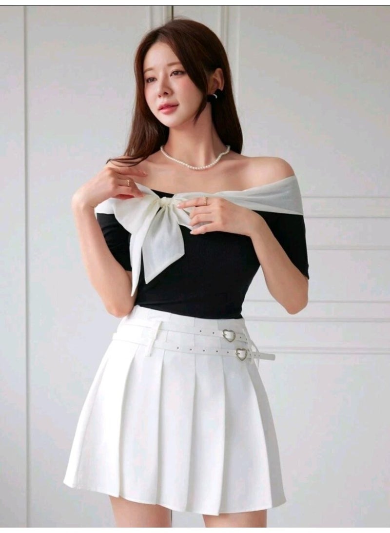 شي إن SHEIN-DAZY Women's Off Shoulder Contrast Color Bow Decor Fitted Short Sleeve T-Shirt Cute Tops,Crop Tops Women - Image 5