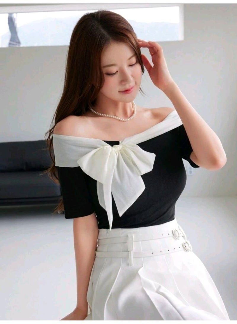 شي إن SHEIN-DAZY Women's Off Shoulder Contrast Color Bow Decor Fitted Short Sleeve T-Shirt Cute Tops,Crop Tops Women - Image 1