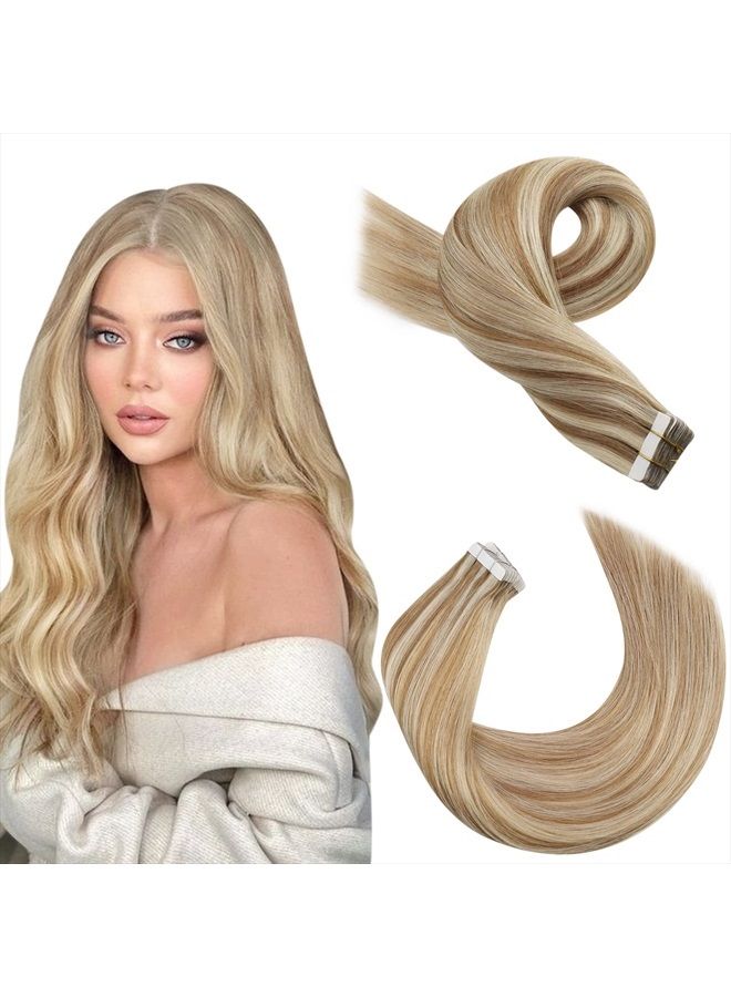 Moresoo 22inch Tape in Extensions Blonde Highlights Human Hair Seamless Skin Weft Invisible Tape 20Pieces/50Grams Thick Real Hair Extensions Tape in Human Hair - Image 1
