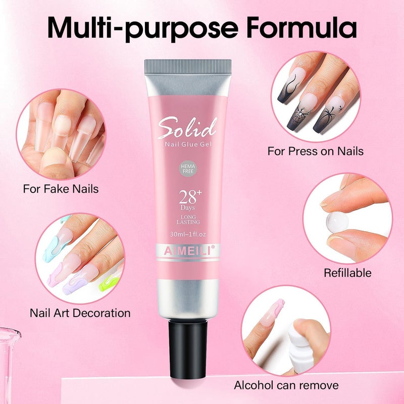 AIMEILI Solid Nail Glue Gel for Press On Nails, for Soft Gel Tips Strong Adhesive Rhinestone Glue Extension Fake Nails Lamp Curing Needed - Image 2