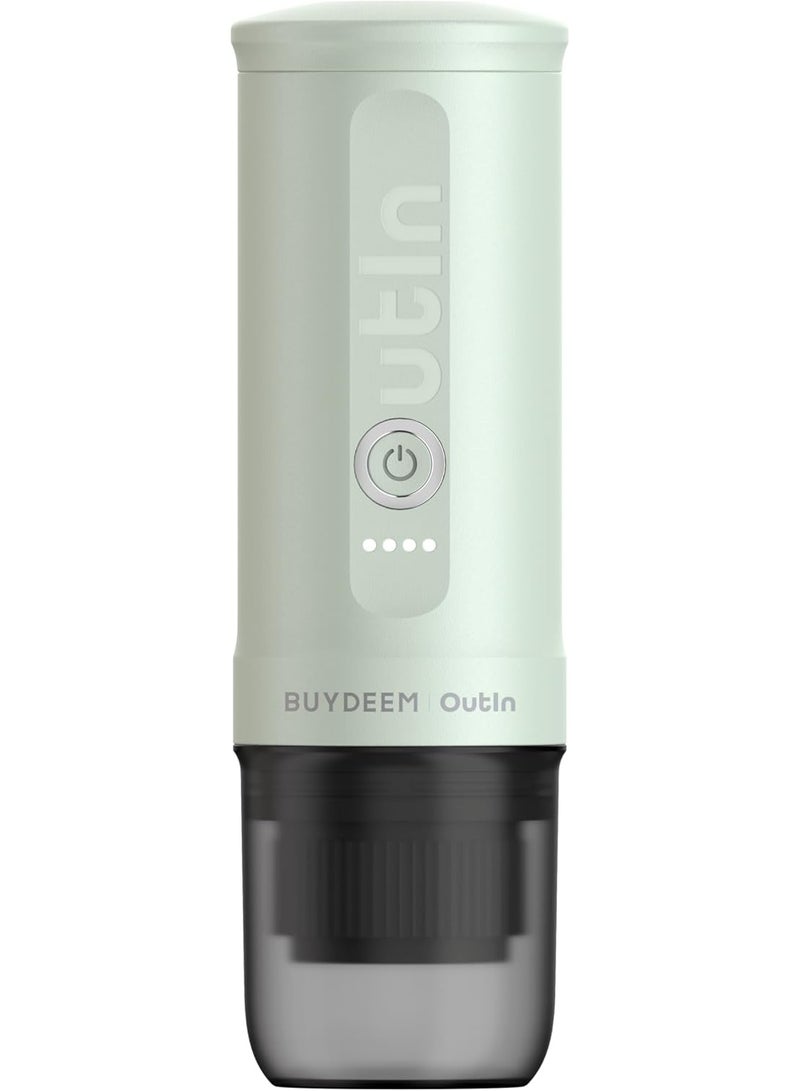 أووةن آلة الإسبريسو الكهربائية المحمولة نانو من OutIn، صانعة قهوة للسفر باستخدام القهوة المطحونة، آلة قهوة للسيارة ذاتية التسخين مع شحن USB-C (باللون الأخضر، سعة 50 مل). - Image 1