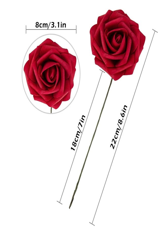 Exoment 25pcs Artificial Flower Foam Rose Real Touch Roses Flower Heads with Stem for DIY Wedding Bouquets Centerpieces Arrangements Party Baby Shower Home Decor (Dark Red) - Image 2
