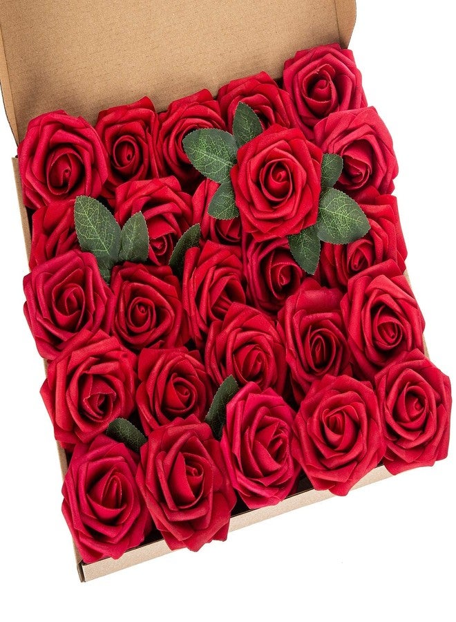 Exoment 25pcs Artificial Flower Foam Rose Real Touch Roses Flower Heads with Stem for DIY Wedding Bouquets Centerpieces Arrangements Party Baby Shower Home Decor (Dark Red) - Image 1