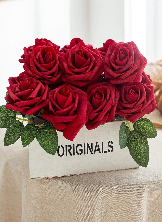 Exoment 25pcs Artificial Flower Foam Rose Real Touch Roses Flower Heads with Stem for DIY Wedding Bouquets Centerpieces Arrangements Party Baby Shower Home Decor (Dark Red) - Image 5