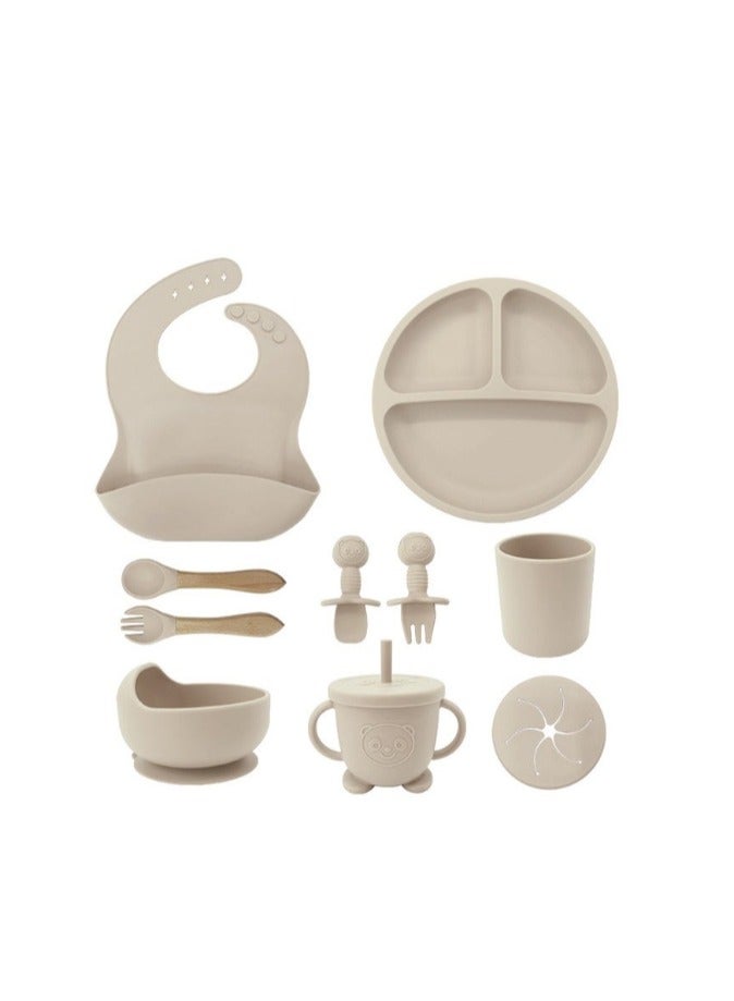 Premium Beige 10 Piece Weaning Feeding Supplies for Toddlers! Bib+Plate+Suction Silicone Baby Bowls! Self Eating Utensils Set with Spoons, Bibs, Plate, Toddlers Spoon Set! Set of 10! - Image 3