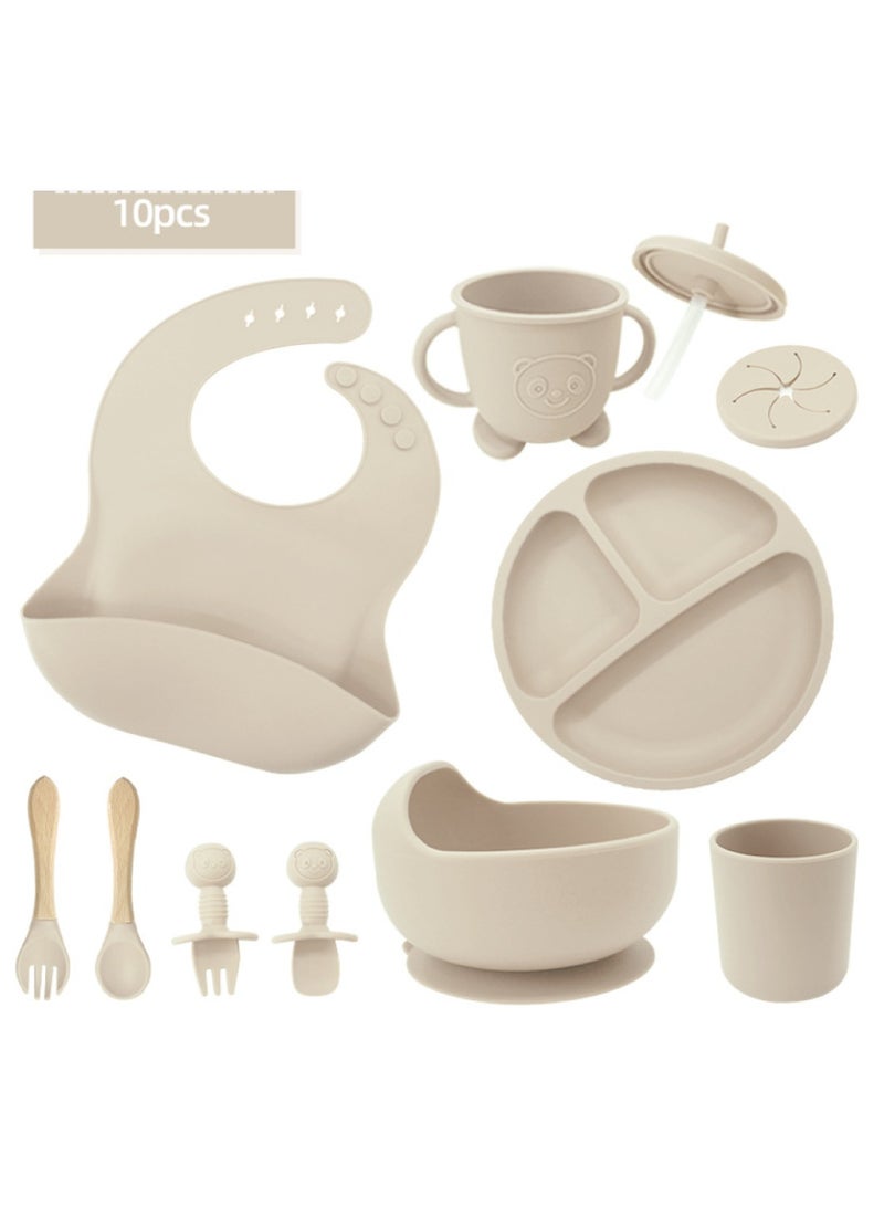 Premium Beige 10 Piece Weaning Feeding Supplies for Toddlers! Bib+Plate+Suction Silicone Baby Bowls! Self Eating Utensils Set with Spoons, Bibs, Plate, Toddlers Spoon Set! Set of 10! - Image 2