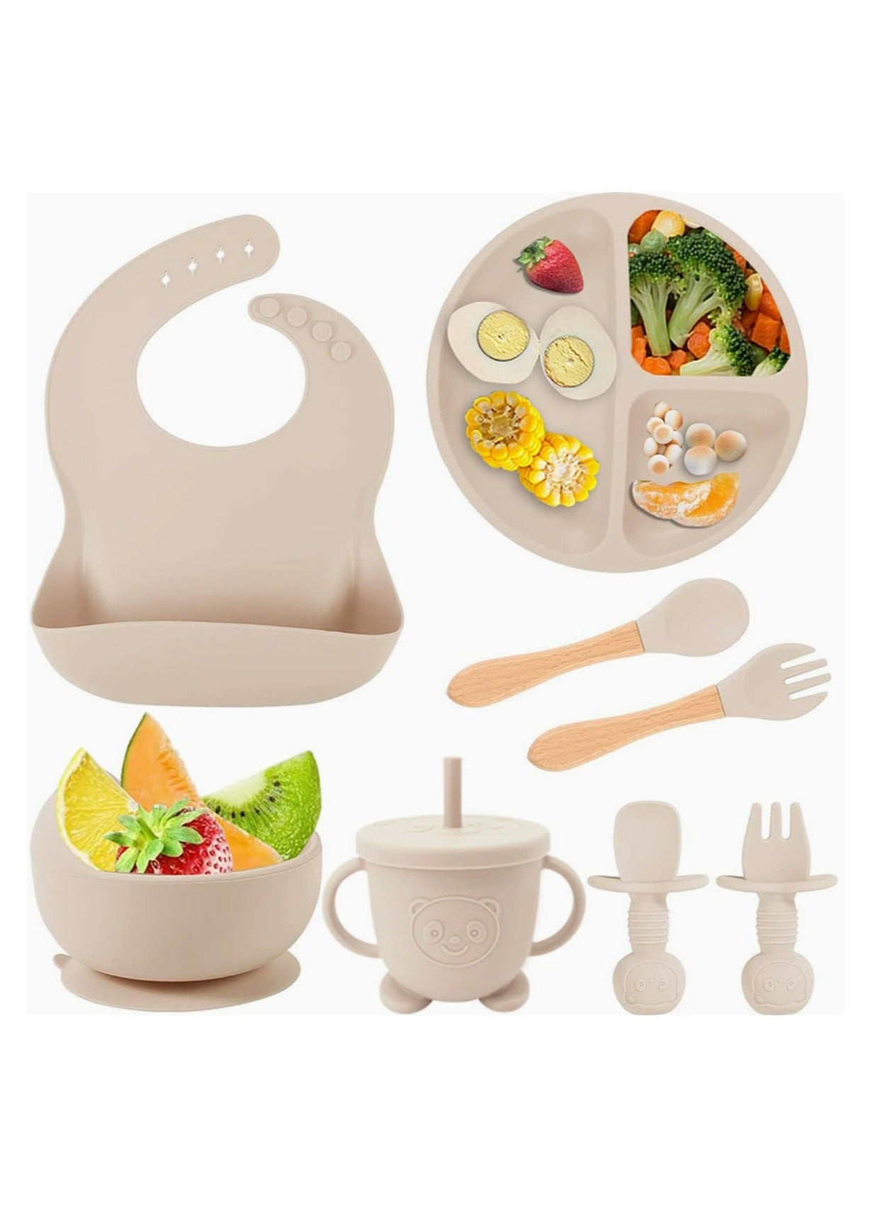 Premium Beige 10 Piece Weaning Feeding Supplies for Toddlers! Bib+Plate+Suction Silicone Baby Bowls! Self Eating Utensils Set with Spoons, Bibs, Plate, Toddlers Spoon Set! Set of 10!