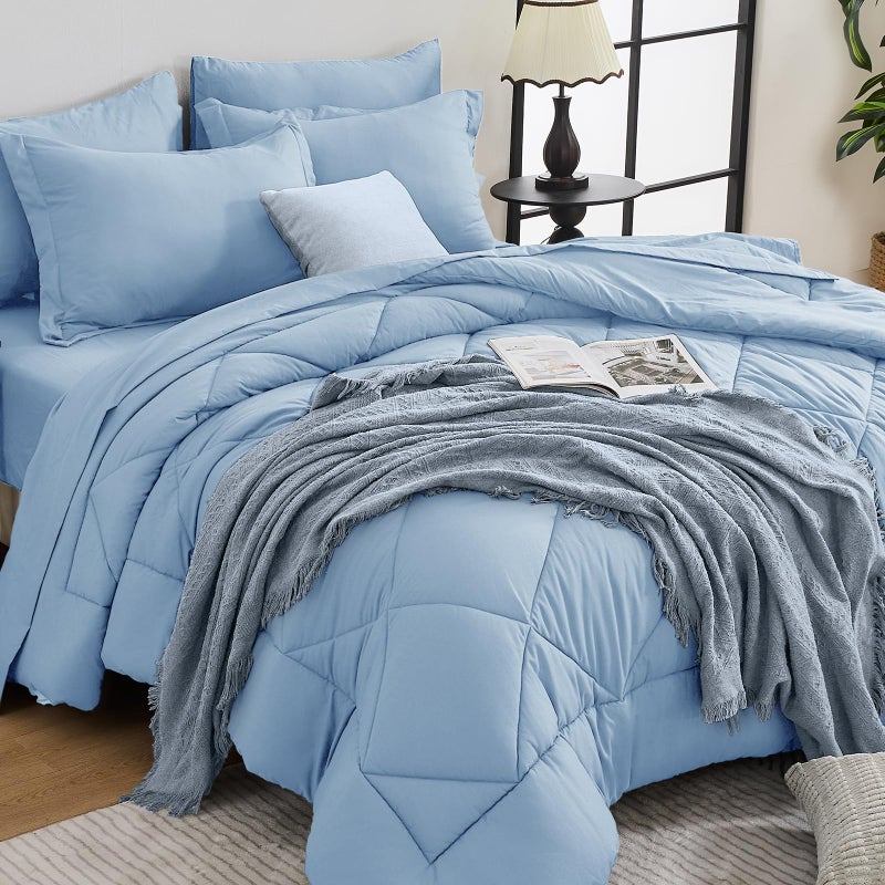 HEVUMYI Light Blue Queen Comforter Set - 7-Piece All Season Bed in a Bag Queen, Ultra Soft Bedding Set with Comforter, Flat Sheet, Fitted Sheet, Pillowcases, Pillow Shams - Image 1
