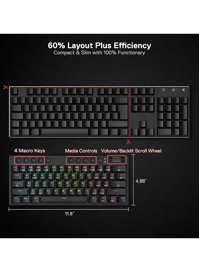 ريدراجون Redragon K632 PRO Noctis 60% لوحة مفاتيح ميكانيكية RGB لاسلكية، بلوتوث/2.4 جيجا هرتز/لوحة مفاتيح سلكية ثلاثية الوضع رفيعة للغاية ومنخفضة للألعاب - Image 3