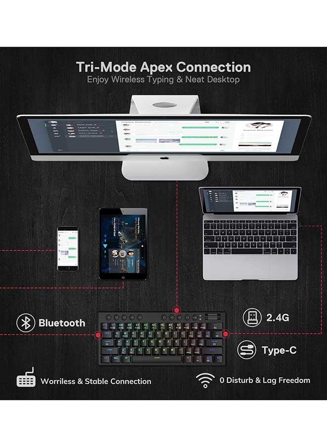 ريدراجون Redragon K632 PRO Noctis 60% لوحة مفاتيح ميكانيكية RGB لاسلكية، بلوتوث/2.4 جيجا هرتز/لوحة مفاتيح سلكية ثلاثية الوضع رفيعة للغاية ومنخفضة للألعاب - Image 5