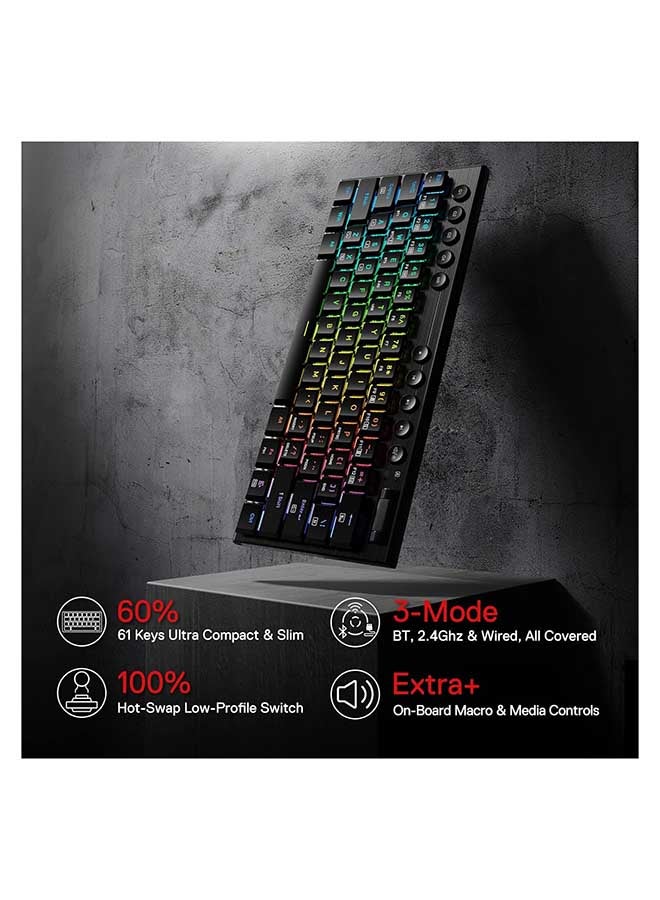 ريدراجون Redragon K632 PRO Noctis 60% لوحة مفاتيح ميكانيكية RGB لاسلكية، بلوتوث/2.4 جيجا هرتز/لوحة مفاتيح سلكية ثلاثية الوضع رفيعة للغاية ومنخفضة للألعاب - Image 2