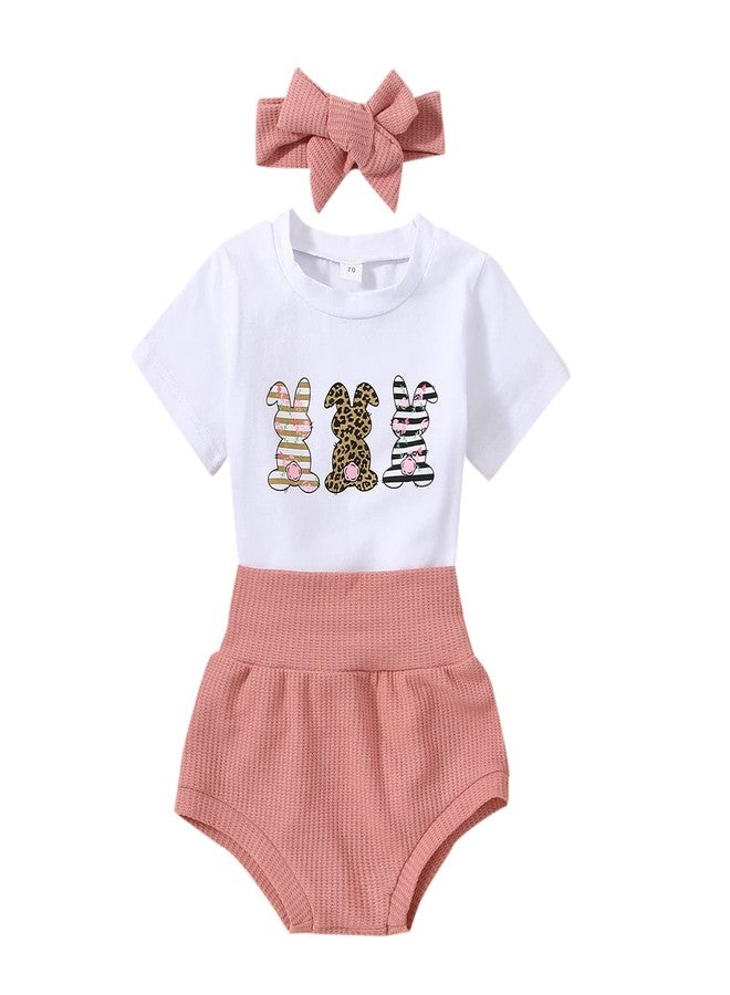 Fernvia Infant Baby Girls Easter Outfits Short Sleeve Rabbit Print Romper Elastic Waist Shorts with Hairband 3Pcs Clothes Set (A Pink, 0-6 Months) - Image 1