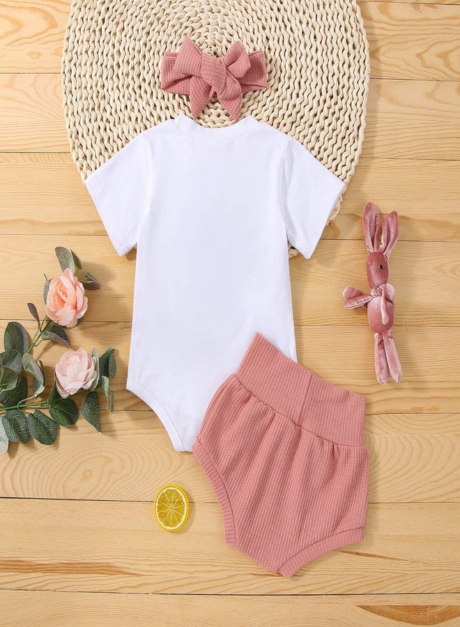 Fernvia Infant Baby Girls Easter Outfits Short Sleeve Rabbit Print Romper Elastic Waist Shorts with Hairband 3Pcs Clothes Set (A Pink, 0-6 Months) - Image 3