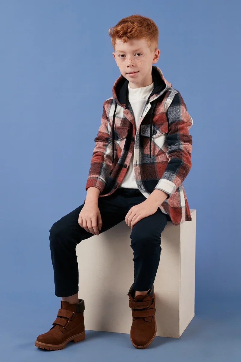 Lela Hooded Double Pocket Plaid Winter Lumberjack Shirt Boy's Shirt CF24W81778
