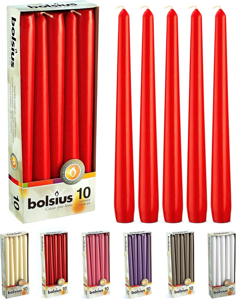 BOLSIUS Long Household Red Taper Candles - 10-inch Unscented Premium Quality Wax - 7.5 Hour Long Burning Dripless Candles Bulk Pack of 10 for Home Decor, Wedding, Parties and Special Occasions - Image 1
