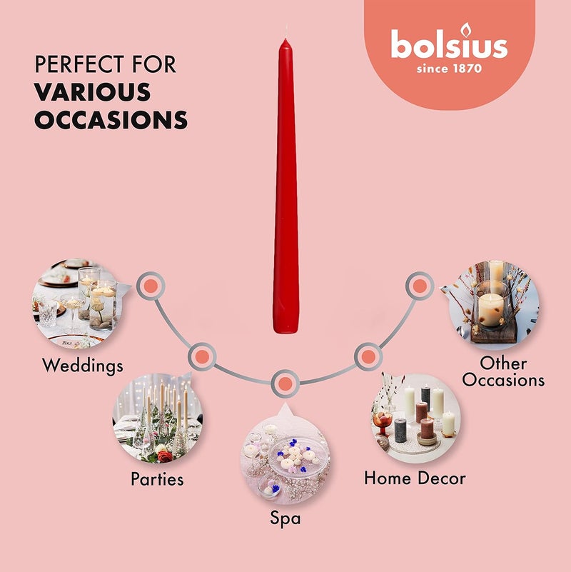 BOLSIUS Long Household Red Taper Candles - 10-inch Unscented Premium Quality Wax - 7.5 Hour Long Burning Dripless Candles Bulk Pack of 10 for Home Decor, Wedding, Parties and Special Occasions - Image 4