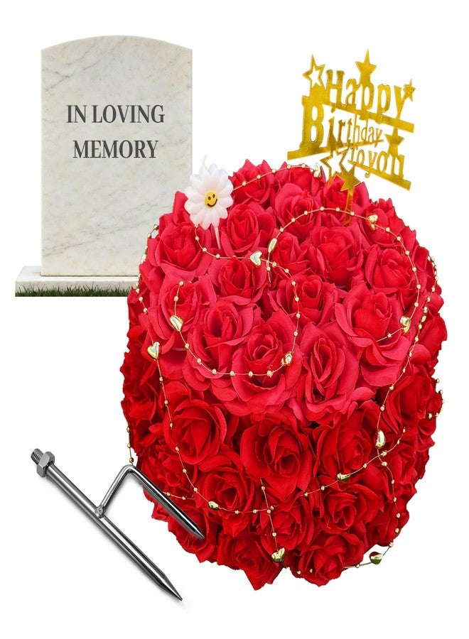 ALL SPECIAL Silk Cake for Cemetery Headstone, with A Ground Stake, Artificial Grave Tombstone Gravesite Decor, Handcrafted Fake Birthday Flowers Cake for Mother's Day,Memorial Day,Veterans Graveside (Red) - Image 1