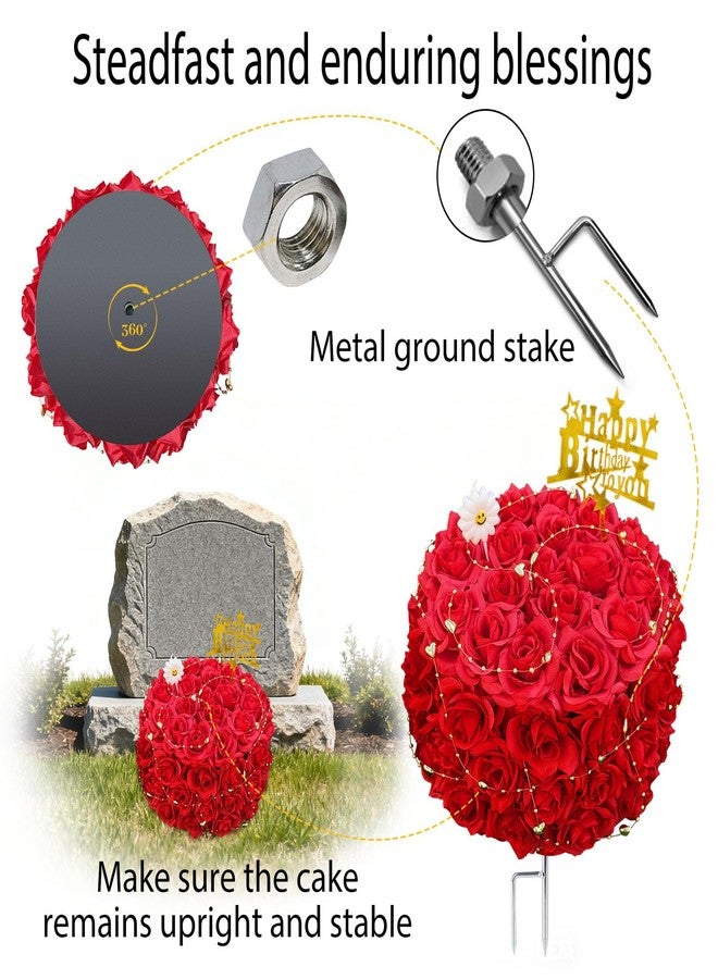 ALL SPECIAL Silk Cake for Cemetery Headstone, with A Ground Stake, Artificial Grave Tombstone Gravesite Decor, Handcrafted Fake Birthday Flowers Cake for Mother's Day,Memorial Day,Veterans Graveside (Red) - Image 4