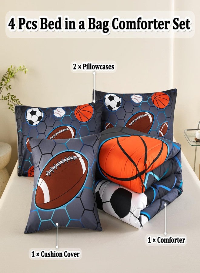 ASKOTU 4 Pcs Sports Bedding Set for Boys Twin, Basketball Baseball Football Soccer Bedding Twin Boys Comforter Set - Image 2