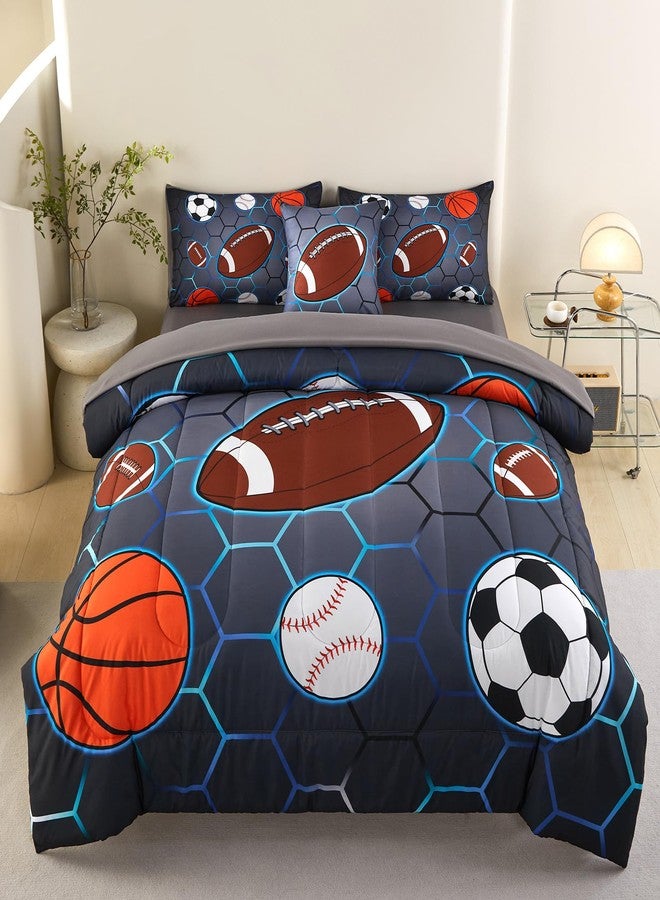 ASKOTU 4 Pcs Sports Bedding Set for Boys Twin, Basketball Baseball Football Soccer Bedding Twin Boys Comforter Set - Image 1