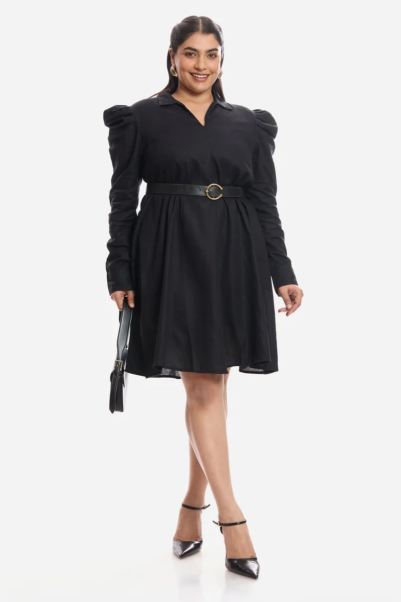Virgio Solid Viscose Aline Plus Size Dress With Mutton Sleeves for Women