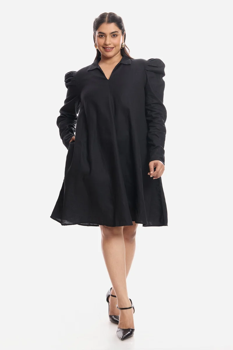 Virgio Solid Viscose Aline Plus Size Dress With Mutton Sleeves for Women