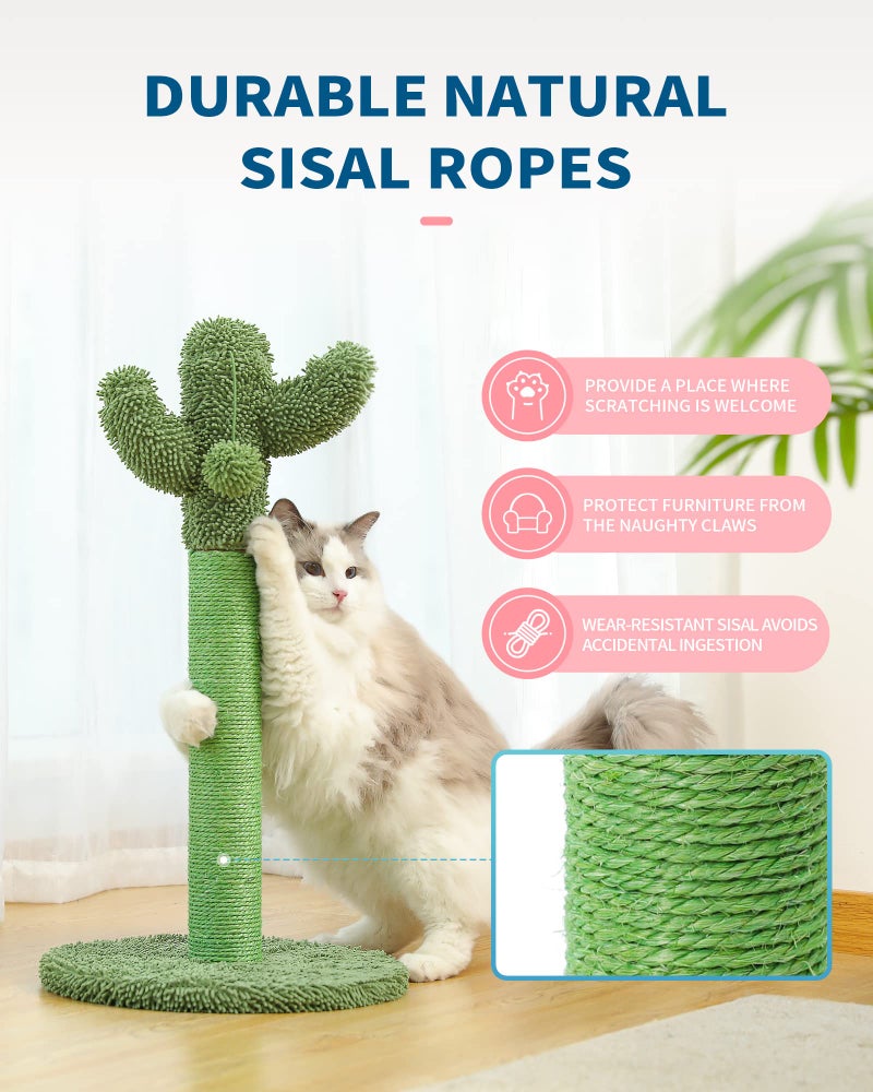 MADE 4 PETS Made4Pets Cat Scratching Post, 25.6" Cactus Cat Scratcher Kitten Scratch Post with Sisal Rope for Indoor Cats Claw Scratcher, Vertical Green Cat Tree with Dangling Ball for Kitties Medium - Image 4