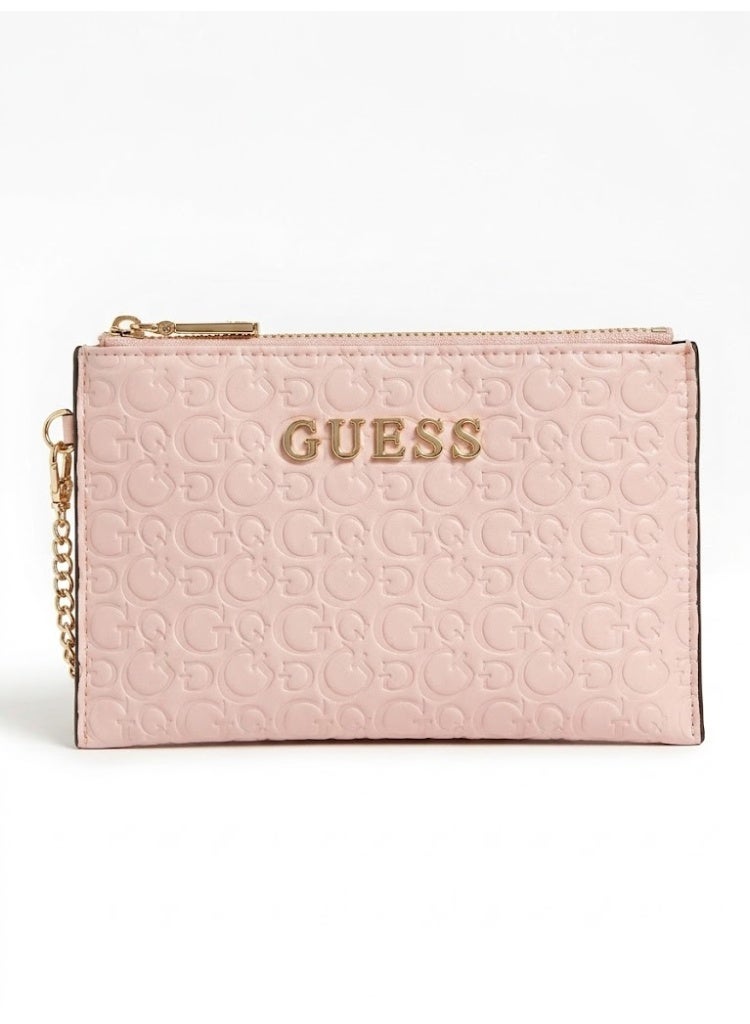 Guess Shannon Debossed G-Logo Pouch with Gold-Tone Chain Detail - Light Pink