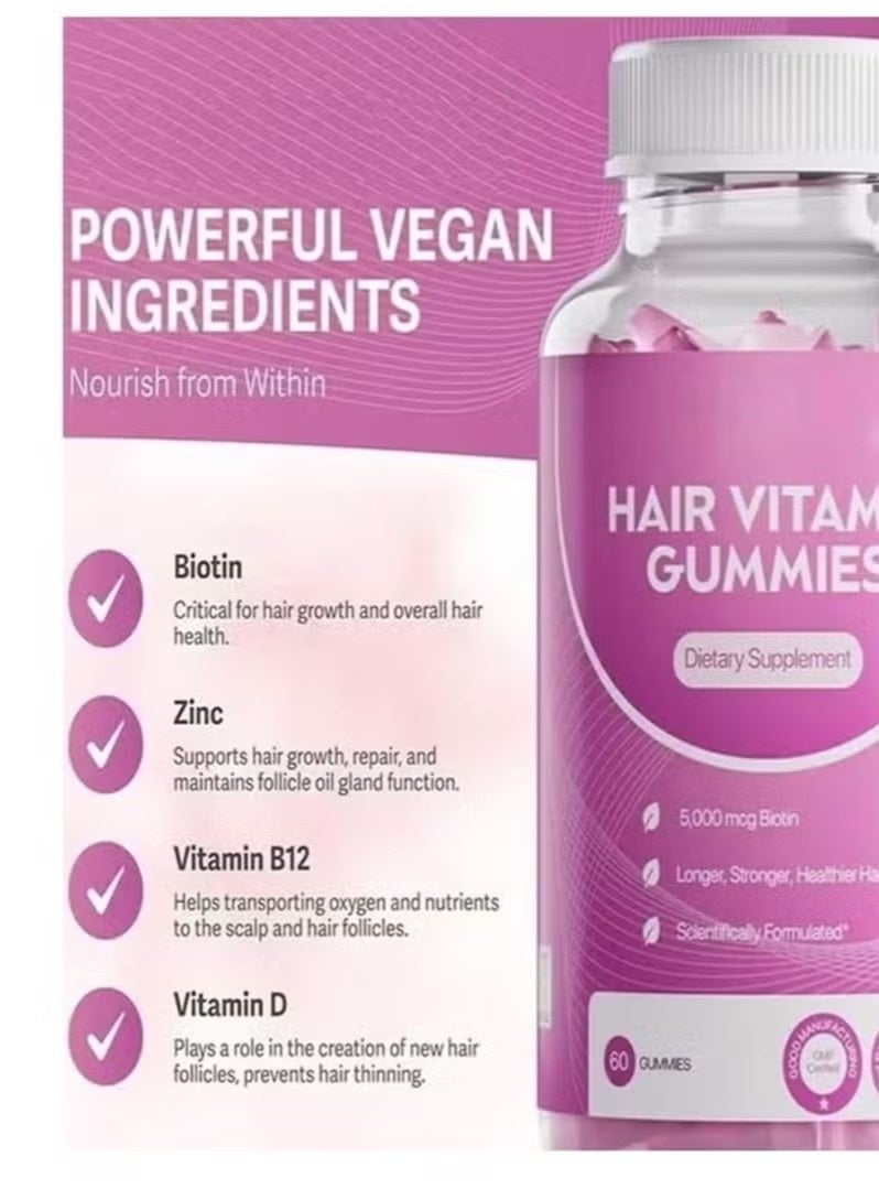 فيتامين عصائر نمو الشعر للنساء والرجال - عصائر الشعر النباتية مع 5000mcg البيوتين - فيتامينات الشعر للشعر القوي والصحي - ملحق البيوتين العصائر - 60 العد - Image 2