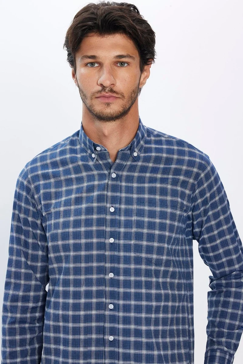 تودورس Classic Fit Long Sleeve Button Collar Small Checked Cotton Navy Blue Men's Shirt
