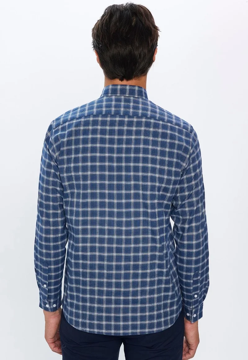 تودورس Classic Fit Long Sleeve Button Collar Small Checked Cotton Navy Blue Men's Shirt