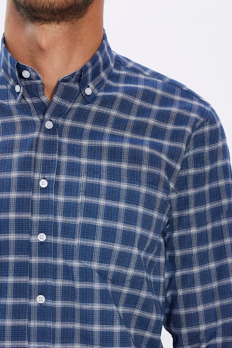 تودورس Classic Fit Long Sleeve Button Collar Small Checked Cotton Navy Blue Men's Shirt
