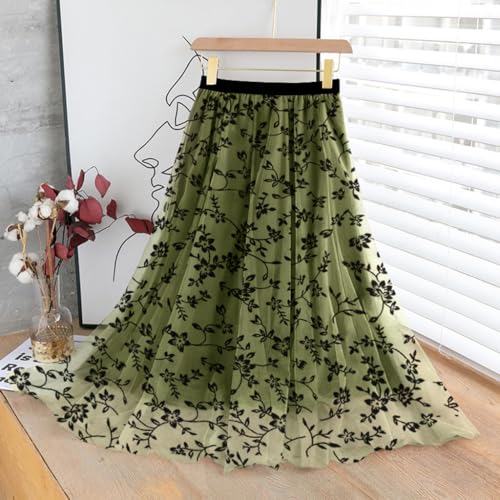 Reaowazo Skirts for Women Midi Long Length Dressy Casual Trendy Summer Tulle A-Line Floral High Waist Skirt Army Green XS - Image 3