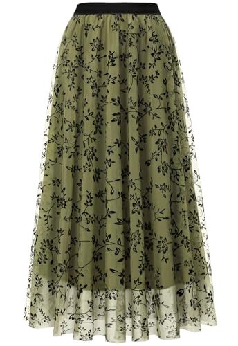 Reaowazo Skirts for Women Midi Long Length Dressy Casual Trendy Summer Tulle A-Line Floral High Waist Skirt Army Green XS - Image 1