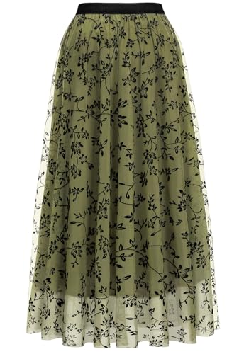 Reaowazo Skirts for Women Midi Long Length Dressy Casual Trendy Summer Tulle A-Line Floral High Waist Skirt Army Green XS - Image 4