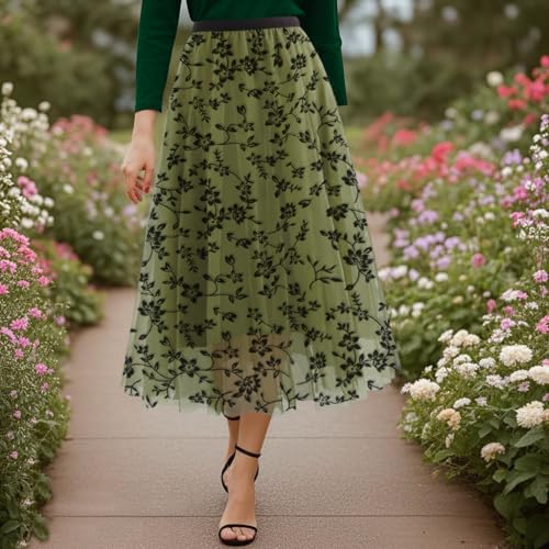 Reaowazo Skirts for Women Midi Long Length Dressy Casual Trendy Summer Tulle A-Line Floral High Waist Skirt Army Green XS - Image 2