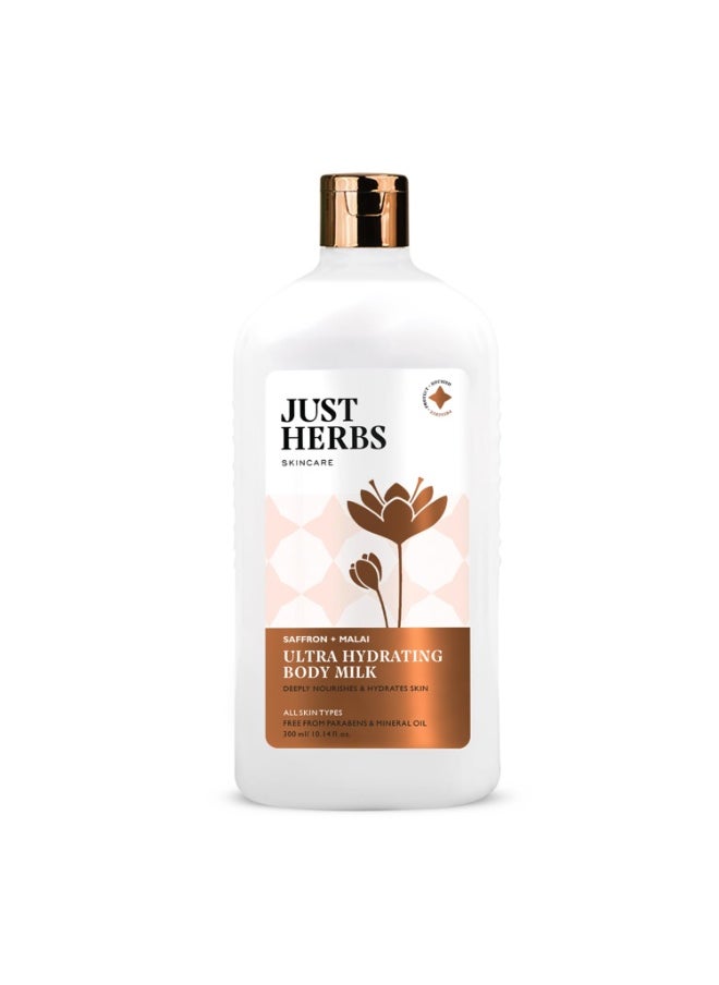 Just Herbs Saffron + Malai Nourishing Body Milk Moisturizer for Men & Women | Hydrating Body Lotion for Dull, Tired & Dry Skin | Suits All Skin Types - 300 ml  - Image 1