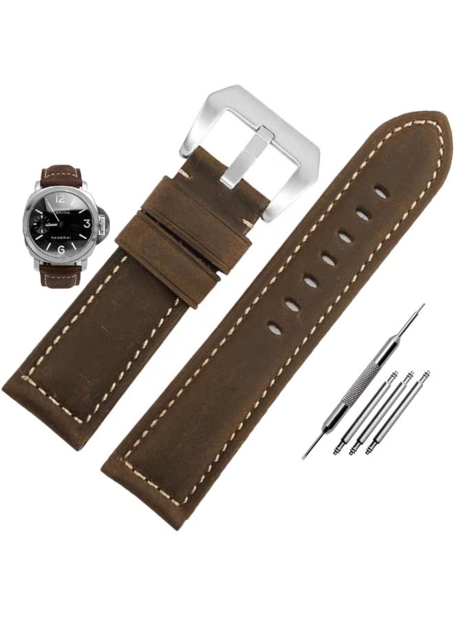 حزام ساعة من الجلد الأصلي، 20 مم، حزام ساعة، متوافق مع ساعة Huawei Watch و Samsung Galaxy Watch و Panerai Watch و Tissot و Casio و Fossil وغيرها من الموديلات ذات عروات الساعة مقاس 20 مم، يأتي مع أداة و 3 قضبان زنبركية، بني داكن - Image 1