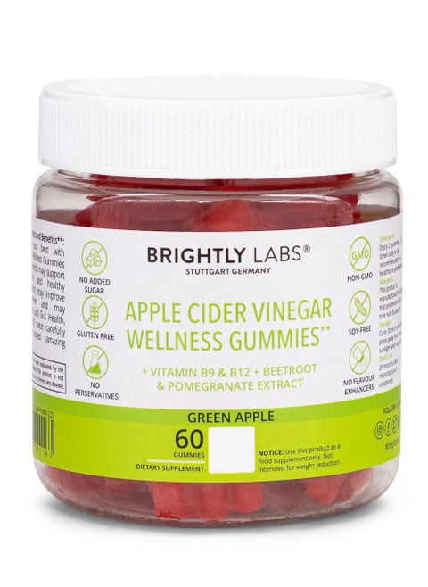 Brightly Labs Apple Cider  Vinegar Gummies, Green Apple Flavor,  Immune Support, Digestion and Energy, 60 Gummies, Sugar-Free, Non-GMO, Soy and Gluten-Free