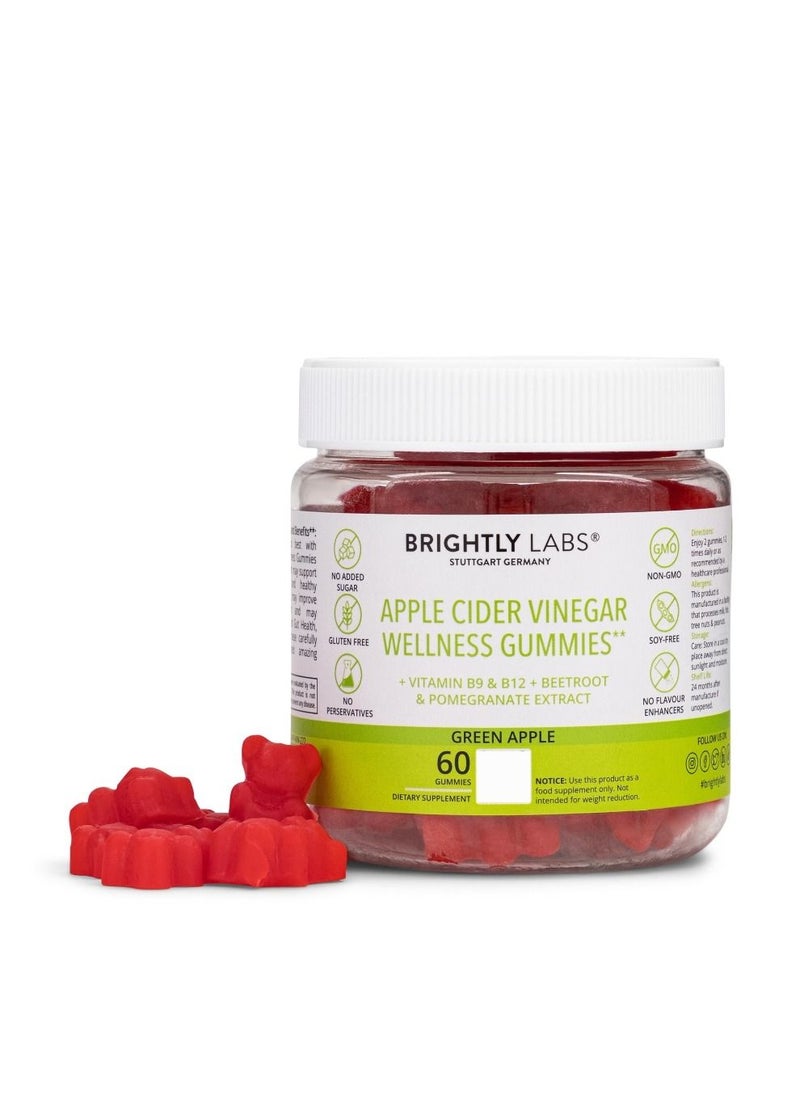 Brightly Labs Apple Cider  Vinegar Gummies, Green Apple Flavor,  Immune Support, Digestion and Energy, 60 Gummies, Sugar-Free, Non-GMO, Soy and Gluten-Free