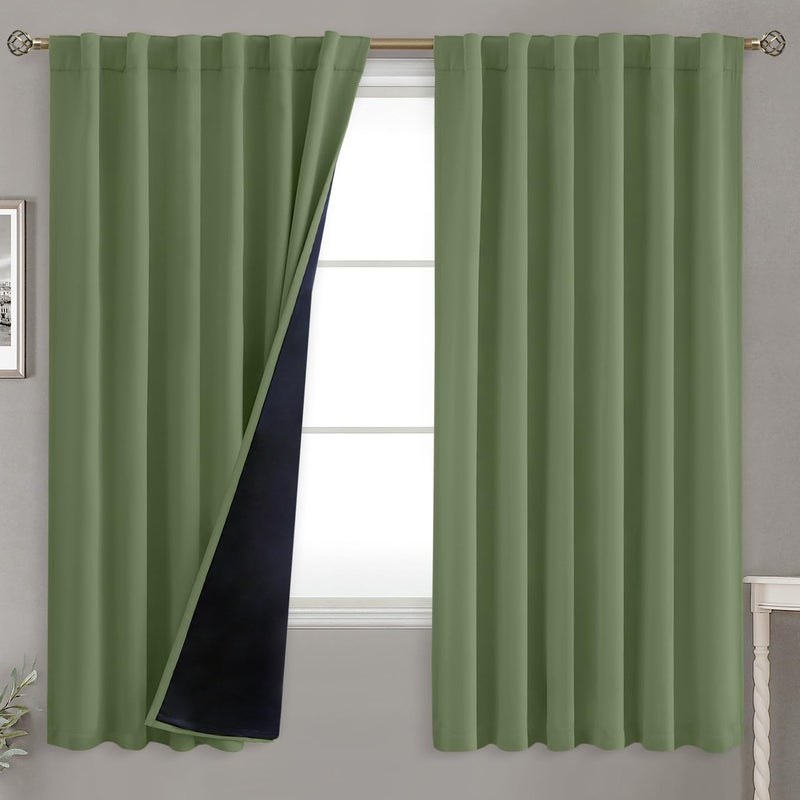 BGment Grass Green 100% Blackout Curtains 63 Inch Length with Reducing Noise Liner  Rod Pocket and Back Tab Double Layer Full Room Darkening Window Curtain for Bedroom  2 Panels  Each 52 x 63 Inch - Image 1