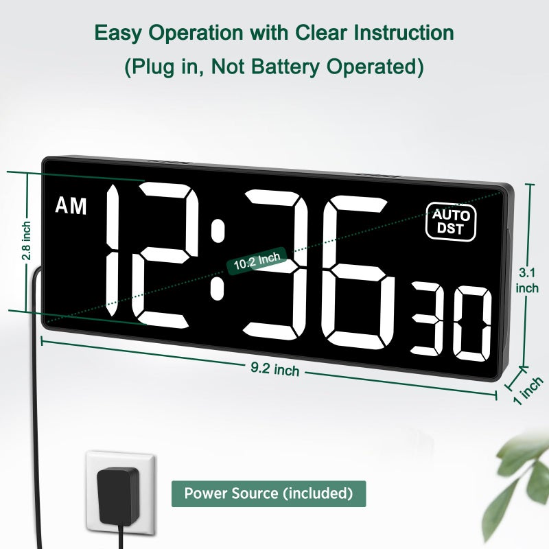 Soobest LED Digital Wall Clock with Seconds, Electric Clock Plug Auto DST Dimmer LED Large Display 10 Inches (White) - Image 3