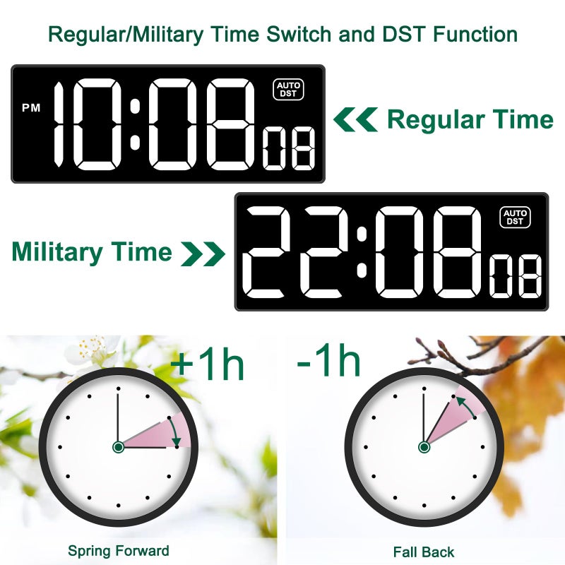 Soobest LED Digital Wall Clock with Seconds, Electric Clock Plug Auto DST Dimmer LED Large Display 10 Inches (White) - Image 5