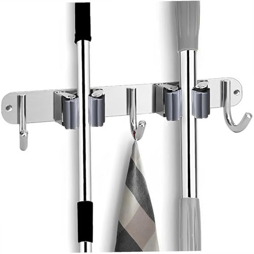 Swaze Wall Mounted Broom and Mop Holder – Heavy Duty Broom Hanger with Screws – Gas Lighter Holder for Kitchen, Mop Stand Holder for Home, Kitchen, Bathroom, and Garage (2 Slot, 3 hooks) - Image 1
