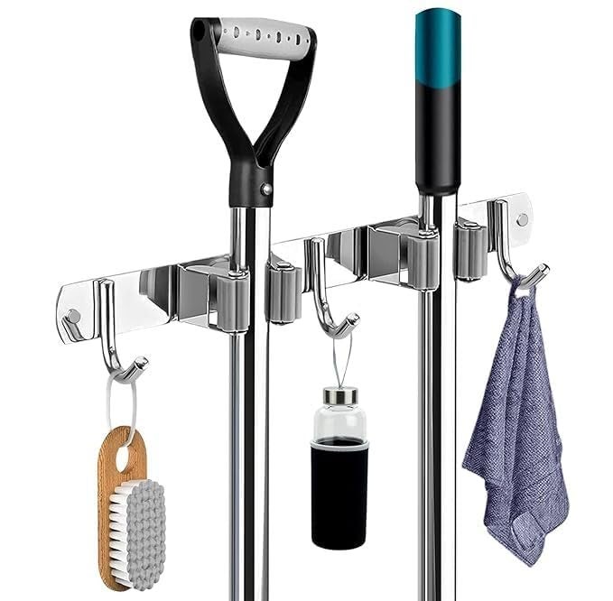 Swaze Wall Mounted Broom and Mop Holder – Heavy Duty Broom Hanger with Screws – Gas Lighter Holder for Kitchen, Mop Stand Holder for Home, Kitchen, Bathroom, and Garage (2 Slot, 3 hooks) - Image 4