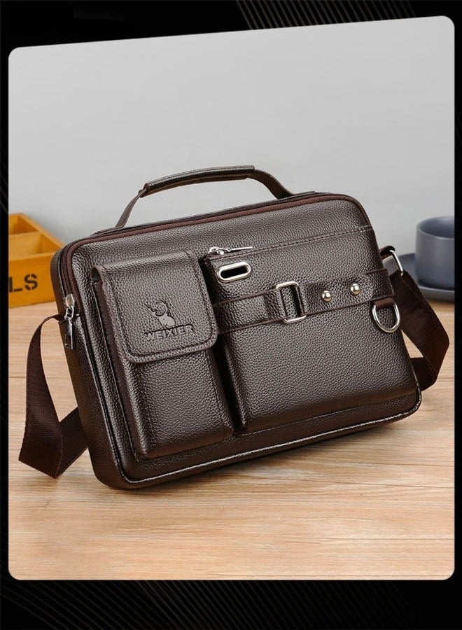 WEIXIER Men Retro Horizontal Shoulder Bag Portable Business Leather Waterproof and Wear Resistant Crossbody Bag with Adjustable Straps for Work Office - Image 1