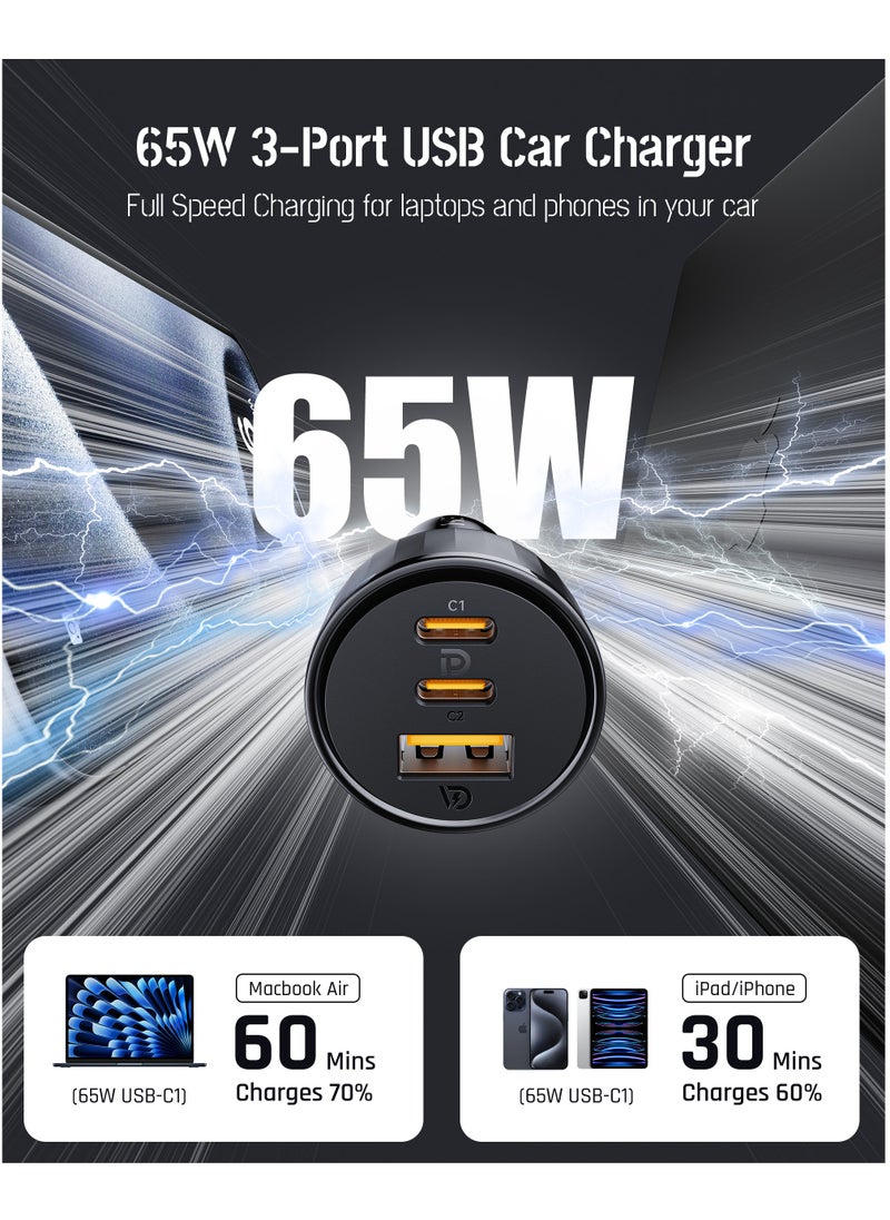VOLTME 65W GaN Fast Car Charger Adapter, 3-Port USB-C PD & QC 3.0 Car Charger Plug for iPhone 16 Pro Max, MacBook Pro/Air, Samsung Galaxy S25/S24 Ultra, Steam Deck, Laptop & Tablet Charging – Compact, High-Speed Power Delivery for All Devices  - Image 2