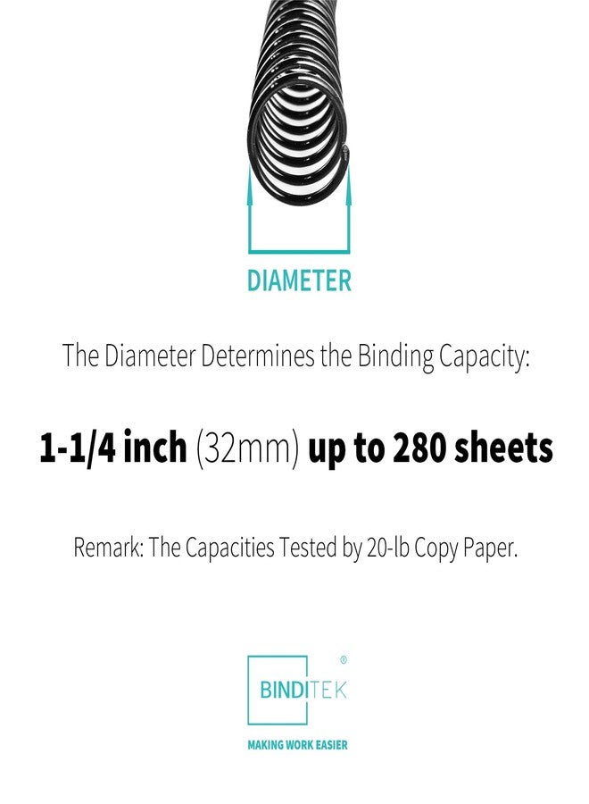 Binditek 50 Pack Plastic Spiral Binding Coils, 32mm (1-1/4"), 280 Sheet Capacity, 4:1 Pitch, Black, 48 Loops, for Letter Size, for Students and Coworkers - Image 2